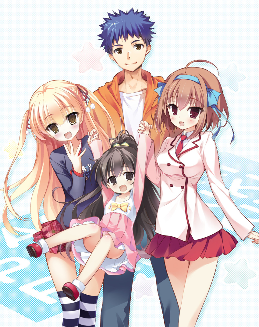 1boy 3girls :d ahoge arms_up bangs black_eyes black_hair blonde_hair blue_hair blue_pants blush bow breasts brown_eyes brown_hair character_request closed_mouth collarbone collared_shirt eyebrows eyebrows_visible_through_hair hair_ribbon hairband hand_up highres holding_hands hood hoodie long_hair long_sleeves looking_at_viewer medium_breasts multiple_girls necktie open_mouth pants papa_no_iu_koto_wo_kikinasai! pink_skirt plaid plaid_skirt pleated_skirt ponytail red_necktie red_ribbon red_skirt ribbon shirt shoes short_hair skirt smile standing star striped striped_legwear thigh-highs two_side_up white_shirt yellow_bow youta