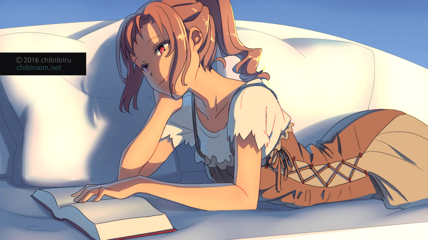 1girl anime_coloring artist_name book brown_hair chibiibiru couch dress lying on_stomach original ponytail reading red_eyes solo watermark web_address