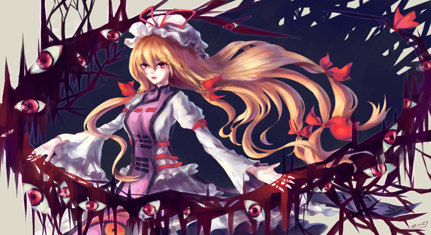 1girl alternate_eye_color armband artist_name bangs blonde_hair blood bow breasts dress eyes frilled_dress frills gap gradient_eyes hair_between_eyes hair_bow hands_up hat hat_ribbon highres light lips long_sleeves looking_at_viewer medium_breasts mob_cap multicolored_eyes open_mouth outstretched_hand pink_lips red_eyes ribbon shiny shiny_hair slit_pupils solo tabard touhou violet_eyes waist white_dress yakumo_yukari zixes