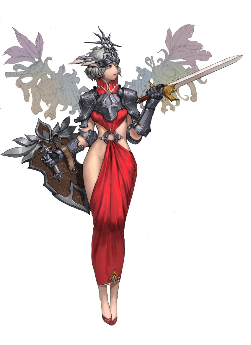 1girl armor blue_eyes breastplate circlet cowter dospi gauntlets groin highres lips no_panties pauldrons short_hair silver_hair simple_background solo sword weapon white_background wings