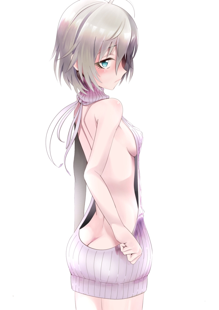 1girl anastasia_(idolmaster) backless_outfit bangs bare_back bare_shoulders blue_eyes blush breasts butt_crack closed_mouth cowboy_shot drawstring dress from_behind hair_between_eyes halterneck highres idolmaster idolmaster_cinderella_girls kinpun_(fgxdw447) looking_at_viewer meme_attire naked_sweater open-back_dress purple_sweater ribbed_sweater short_hair sideboob silver_hair small_breasts solo sweater sweater_dress turtleneck turtleneck_sweater virgin_killer_sweater