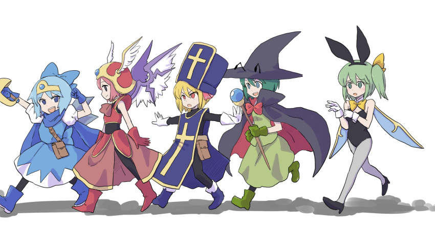 5girls blonde_hair blue_eyes blue_hair blush cirno commentary_request daiyousei dragon_quest dragon_quest_iii fairy_wings gloves green_eyes green_hair hat helmet highres jack_(wkm74959) multiple_girls mystia_lorelei outstretched_arms purple_hair red_eyes rumia side_ponytail simple_background smile team_9 touhou white_background winged_helmet wings wriggle_nightbug