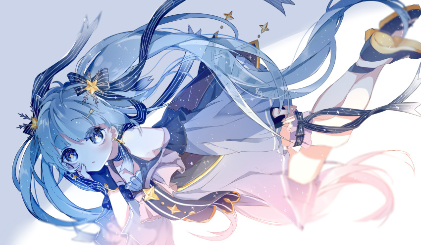 1girl blue_eyes blue_hair crossed_legs detached_sleeves dress hair_ribbon hand_on_own_face hatsune_miku highres long_hair ribbon snowflakes solo star twintails very_long_hair vocaloid