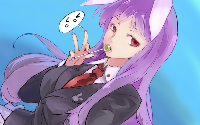 1girl animal_ears aqua_background blazer breasts candy collared_shirt half-closed_eyes jacket licking lollipop long_hair looking_at_viewer medium_breasts nail_polish naughty_face necktie perspective pleated_skirt purple_nails rabbit_ears red_eyes red_necktie reisen_udongein_inaba shiny shiny_hair shirt simple_background sinzan skirt solo tongue touhou v very_long_hair white_shirt