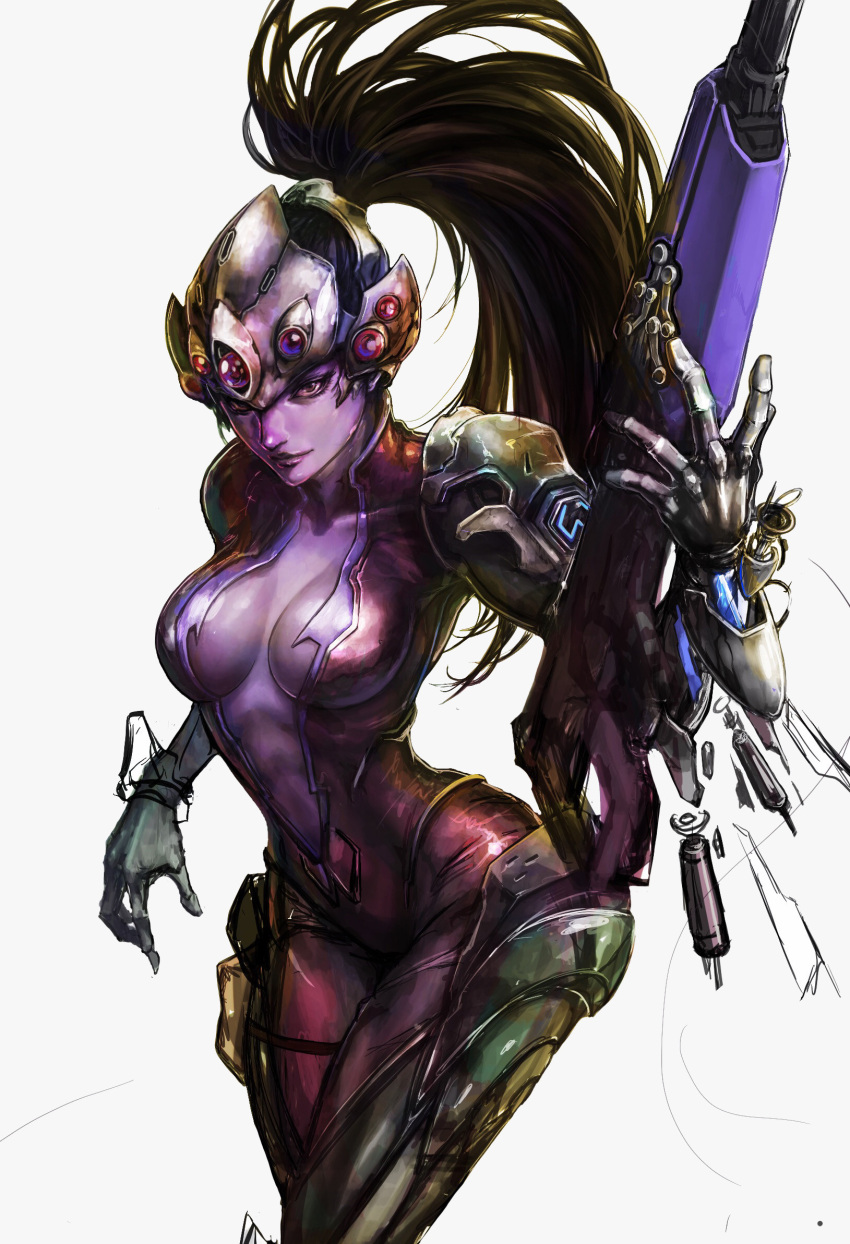 1girl bodysuit breasts brown_eyes brown_hair center_opening collarbone cowboy_shot gloves gun head_mounted_display highres jay_b_lee light_smile lips long_hair looking_at_viewer medium_breasts nose overwatch ponytail purple_skin rifle simple_background sniper_rifle solo very_long_hair visor weapon white_background widowmaker_(overwatch)