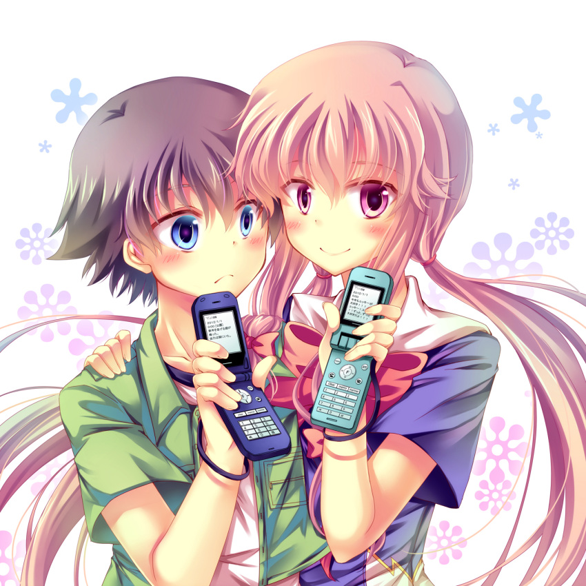 1boy 1girl amano_yukiteru black_hair blue_eyes blush cellphone closed_mouth commentary_request couple floral_background gasai_yuno highres long_hair looking_at_viewer low_twintails mirai_nikki nobuda open_clothes open_shirt phone pink_eyes pink_hair shirt short_hair short_sleeves smile twintails upper_body