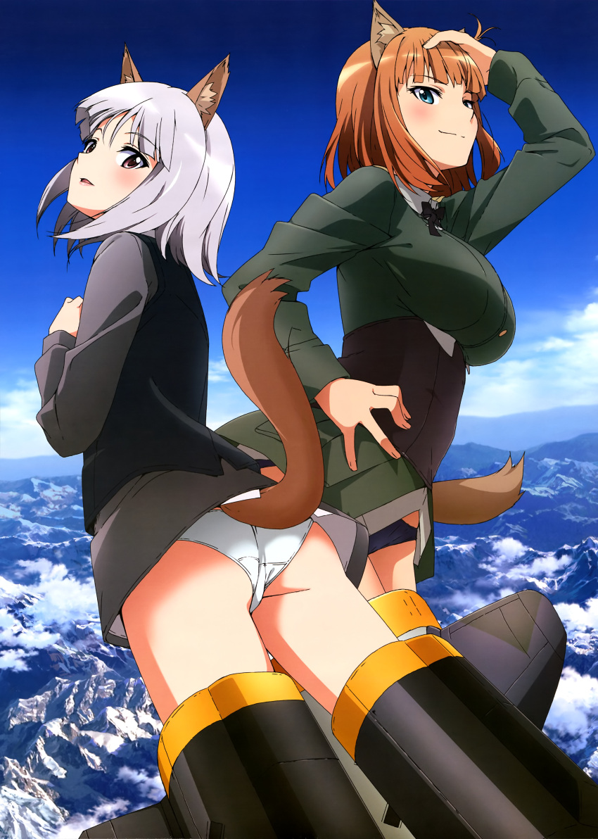 2girls absurdres animal_ears ass black_panties blue_eyes blush brave_witches clouds corset edytha_rossmann flying gundula_rall hand_on_hip highres impossible_clothes lips long_sleeves looking_at_viewer military military_uniform mountain multiple_girls no_pants official_art orange_hair panties parted_lips red_eyes ribbon scan shiny shiny_hair short_hair sidelocks silver_hair sky smile striker_unit tail underwear uniform vest white_panties world_witches_series