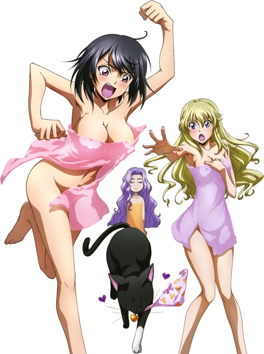 3girls anna_clement arm_up armpits black_hair blonde_hair blue_eyes breasts brown_eyes cat cleavage code_geass:_boukoku_no_akito collarbone groin highres kousaka_ayano leila_(code_geass) long_hair medium_breasts mouth_hold multiple_girls naked_towel navel open_mouth orange_towel panties panties_in_mouth pink_towel purple_hair purple_towel short_hair simple_background towel underwear white_background