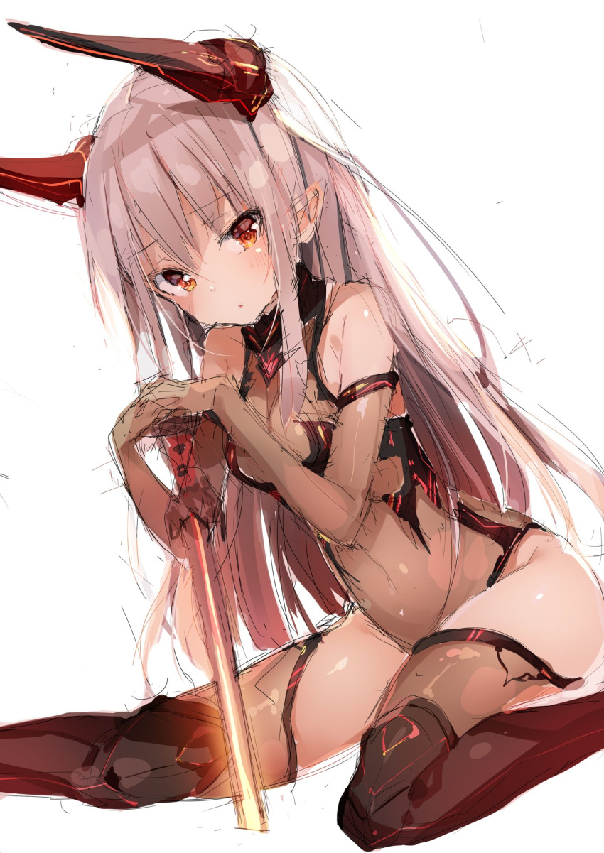 1girl bangs bare_shoulders blush borrowed_character breasts brown_gloves brown_legwear colo_mag-chan covered_navel doraf elbow_gloves eyebrows eyebrows_visible_through_hair gloves granblue_fantasy hair_between_eyes hand_on_hilt highres horns interlocked_fingers katana leotard long_hair looking_at_viewer niito orange_eyes original planted_sword planted_weapon pointy_ears simple_background sitting sketch small_breasts solo sword thigh-highs weapon white_background white_hair
