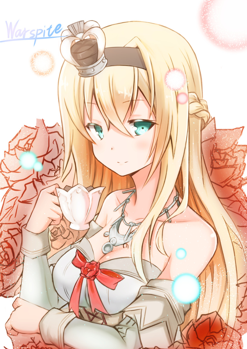 1girl absurdres bare_shoulders blonde_hair blue_eyes braid crown cup dress flower french_braid hair_between_eyes hairband highres jewelry kantai_collection long_hair necklace off_shoulder rose shibakame_(917narto8537) smile solo teacup warspite_(kantai_collection) white_dress