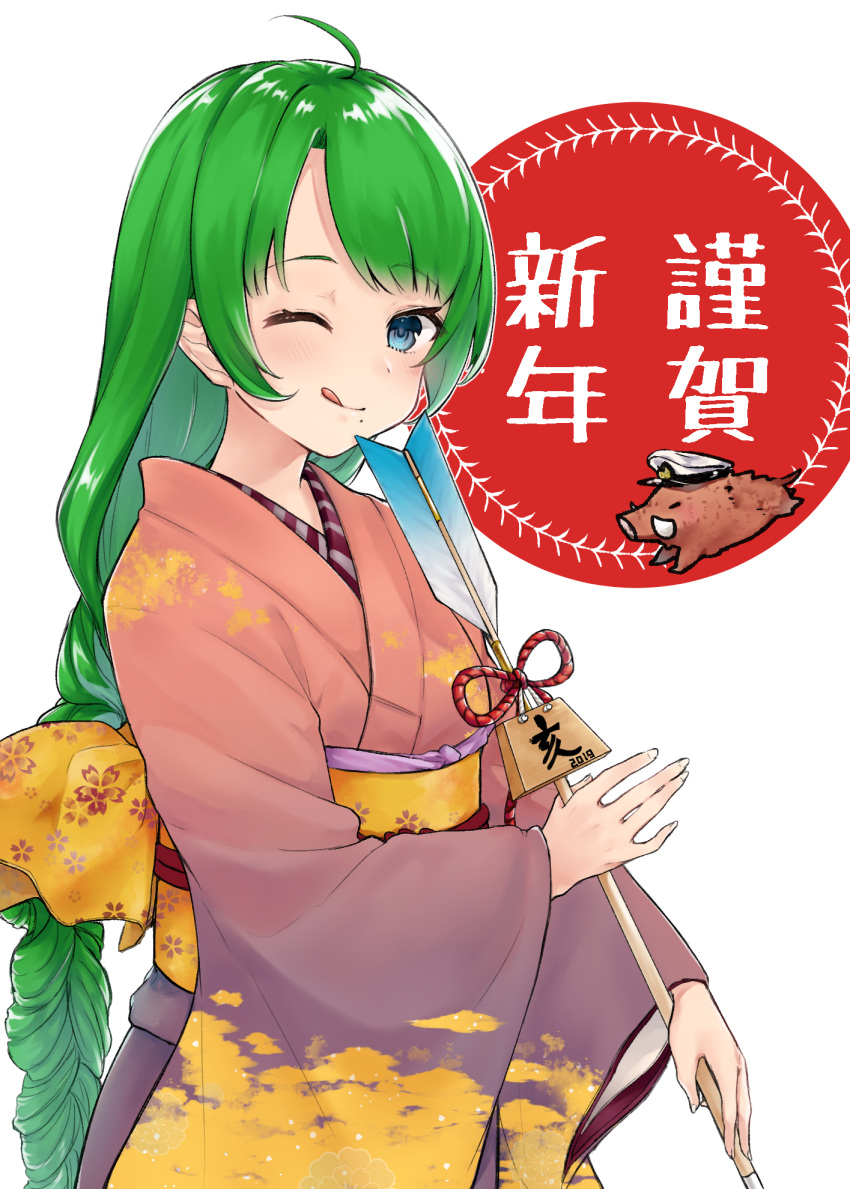 1girl 2019 ;q ahoge arrow bangs blue_eyes blush boar braid chinese_zodiac eyebrows_visible_through_hair gradient_kimono green_hair hamaya hat highres japanese_clothes kantai_collection kimono long_braid long_hair long_sleeves looking_at_viewer mole mole_under_mouth new_year obi one_eye_closed peaked_cap samiharu sash single_braid smile solo tongue tongue_out very_long_hair wide_sleeves year_of_the_pig yuugumo_(kantai_collection)