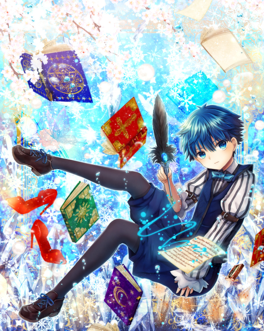 1boy amano-sora black_legwear blue_eyes blue_hair book bow bowtie caster_(fate/extra_ccc) cherry_blossoms fate/extra fate/extra_ccc fate_(series) floating high_heels highres ice long_sleeves looking_at_viewer quill short_hair shorts snowflakes solo sparkle vest