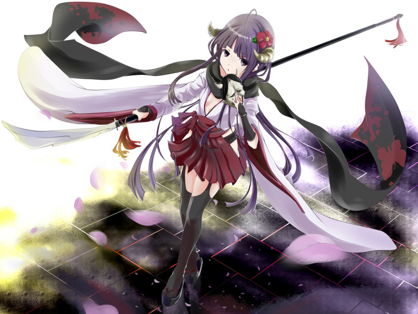 1girl black_hair black_legwear breasts cleavage flower garter_straps hair_flower hair_ornament hakama_skirt highres holding holding_weapon horns inu_x_boku_ss long_hair naginata poker-face-008 polearm red_flower red_hakama shirakiin_ririchiyo small_breasts solo thigh-highs weapon