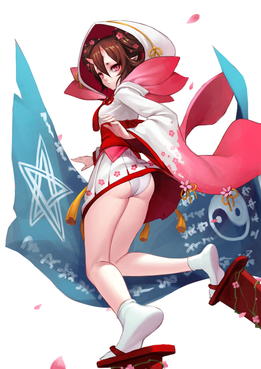1girl ass bangs brown_hair closed_mouth double_bun dress fkeoriginal fkey flag floral_print food_themed_clothes full_body geta hair_between_eyes highres hood horns japanese_clothes kimono knees_together_feet_apart looking_at_viewer looking_back obi oni oni_horns panties petals pink_flower plant pleated_dress pointy_ears red_eyes revision sash shoe_dangle short_eyebrows short_kimono soles solo star tabi tassel underwear upskirt vines white_background white_legwear white_panties wide_sleeves y yin_yang