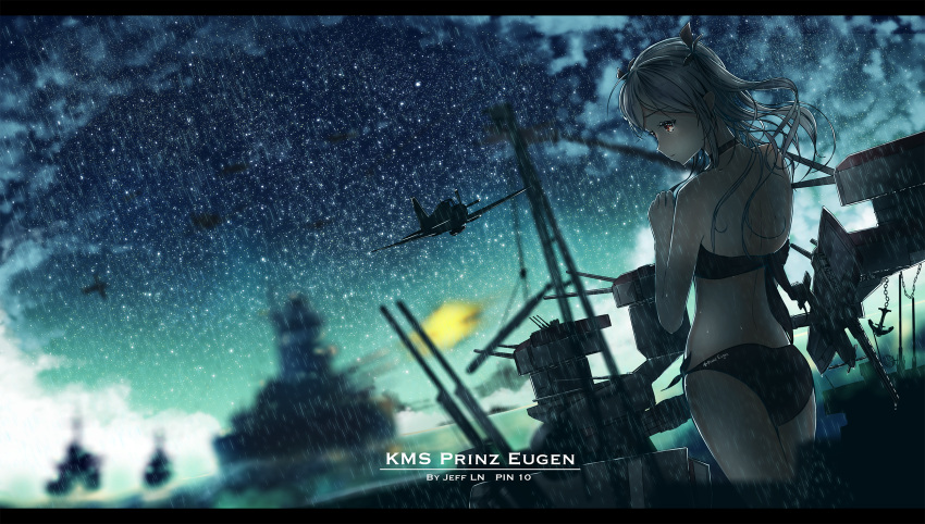 1girl aircraft airplane ass azur_lane bangs bikini black_bikini blurry blurry_background blush breasts cannon character_name eyebrows_visible_through_hair hair_between_eyes highres iron_cross jeff_laoniu large_breasts letterboxed long_hair multicolored_hair night outdoors prinz_eugen_(azur_lane) rain redhead ship side_slit silver_hair sky solo star_(sky) starry_sky streaked_hair swimsuit turrets two_side_up very_long_hair watercraft