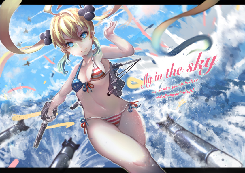 1girl absurdres ahoge aircraft airplane albacore_(zhan_jian_shao_nyu) american_flag_bikini arm_up bikini blonde_hair blue_eyes blue_sky breasts cannon closed_mouth commentary_request english explosion flag_print hair_between_eyes highres holding holding_weapon john_(510490061) letterboxed looking_at_viewer machinery navel outdoors outside_border side-tie_bikini sky small_breasts solo swimsuit text torpedo twintails water waves weapon zhan_jian_shao_nyu