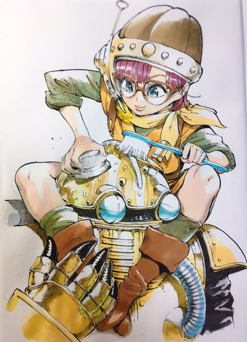 1girl ahn_dongshik blue_eyes brush chrono_trigger commentary_request glasses hat helmet highres lucca_ashtear purple_hair robo robot scrubber short_hair sketch smile