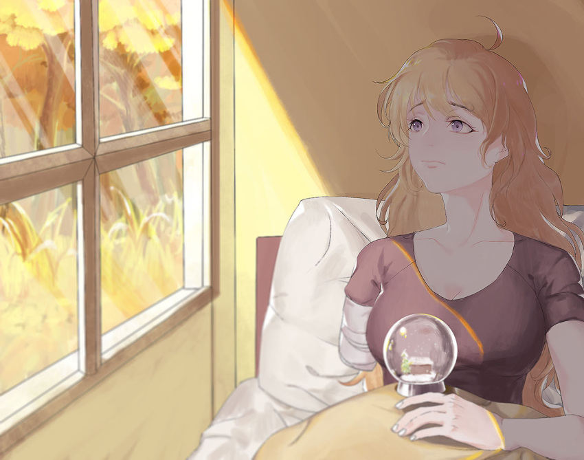1girl ahoge amputee bandages blonde_hair breasts cleavage gloria_(84568750) grass large_breasts light_rays long_hair pillow rwby shirt snow_globe solo spoilers t-shirt tree under_covers violet_eyes window yang_xiao_long
