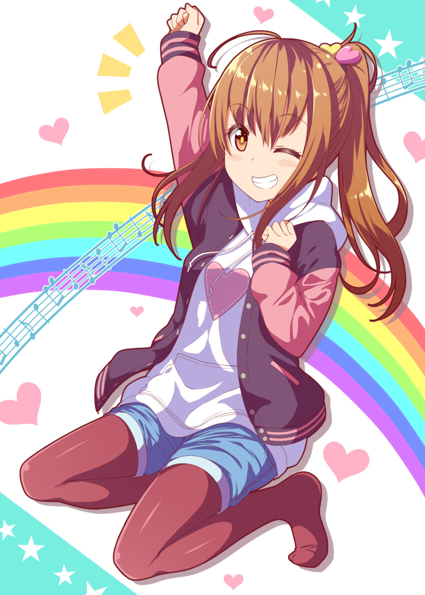 1girl ahoge blue_shorts blush brown_eyes brown_hair brown_legwear character_request clenched_teeth eyebrows eyebrows_visible_through_hair gurande_(g-size) hand_up heart heart_background highres hood hoodie long_hair looking_at_viewer no_shoes notes one_eye_closed original pantyhose pantyhose_under_shorts ponytail pullover rainbow shorts sidelocks sitting solo teeth