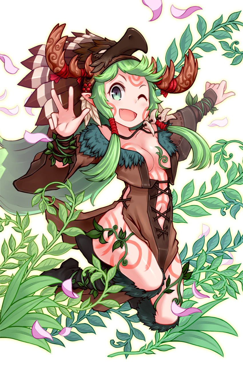 1girl :d antlers black_boots black_legwear boots breasts cleavage feathers foxfoot green_hair hair_feathers hair_tubes headdress highres official_art open_mouth petals plant pointy_ears shanti_(soccer_spirits) smile soccer_spirits solo tattoo tooth_necklace twintails