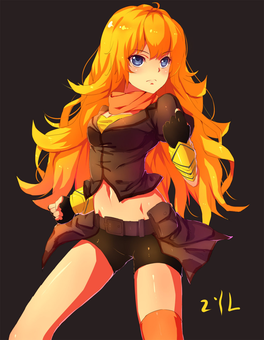 1girl artist_name belt bike_shorts blonde_hair blue_eyes breasts clenched_hands grey_background groin highres large_breasts long_hair midriff navel rwby single_thighhigh solo thigh-highs yang_xiao_long yellow_legwear zyl