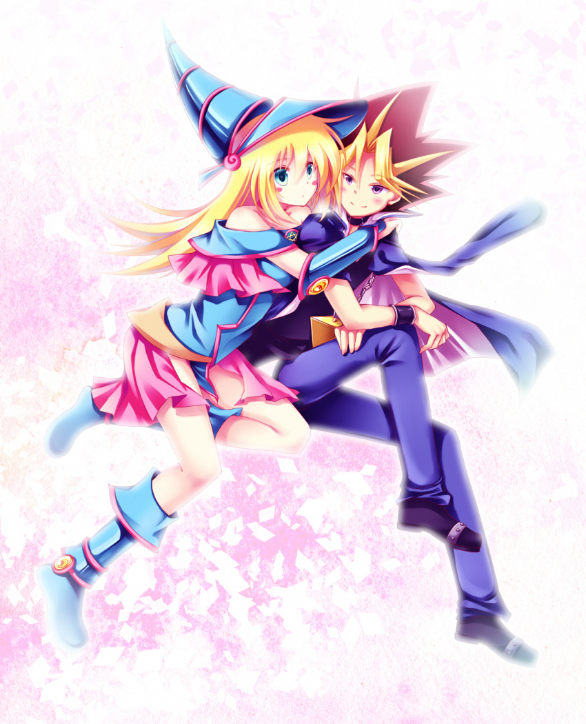 1boy 1girl artist_request bare_shoulders blonde_hair blue_boots blush boots cape chain choker coat commentary_request couple dark_magician_girl duel_monster gem green_eyes hat hetero highres hug hug_from_behind jewelry millennium_puzzle multicolored_hair necklace nobuda pendant pentacle school_uniform shoes skirt smile spiky_hair violet_eyes wizard_hat yami_yuugi yuu-gi-ou yuu-gi-ou_duel_monsters