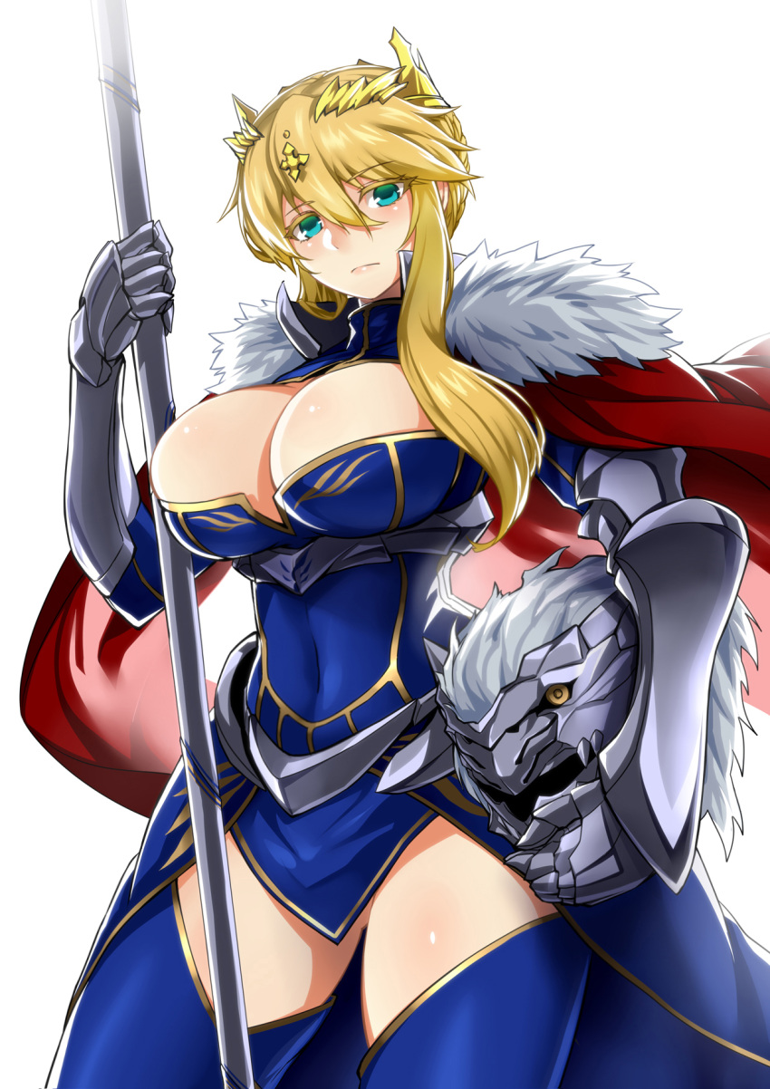 1girl artoria_pendragon_lancer_(fate/grand_order) blonde_hair blue_eyes blue_legwear breasts cape cleavage covered_navel fate/grand_order fate_(series) fur_trim gauntlets headwear_removed helmet helmet_removed highres holding holding_weapon kurobuchi_numama large_breasts long_hair looking_at_viewer revision saber simple_background solo thigh-highs weapon white_background