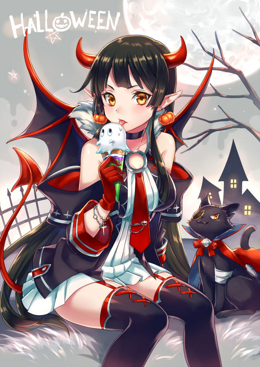 1girl :3 :p animal arm_at_side bandages bangs bare_shoulders bare_tree black_cat black_hair black_legwear blush bracelet breasts brooch cat choker clothed_animal cross cross-laced_legwear cross_print demon_girl demon_horns demon_tail demon_wings detached_sleeves dress earrings eyelashes eyepatch fang_out fence food food_themed_earrings full_moon fur_trim garter_straps ghost gloves grass grey_background halloween highres holding holding_food horns house ice_cream ice_cream_cone jewelry licking long_hair long_sleeves looking_at_viewer medium_breasts moon night o-ring original pleated_dress pointy_ears pumpkin red_cape red_gloves red_ribbon red_wings ribbon ring rosary short_dress sitting soft_serve star sweatdrop tail thigh-highs tie_clip tongue tongue_out tree very_long_hair wings yellow_eyes zoff_(daria)