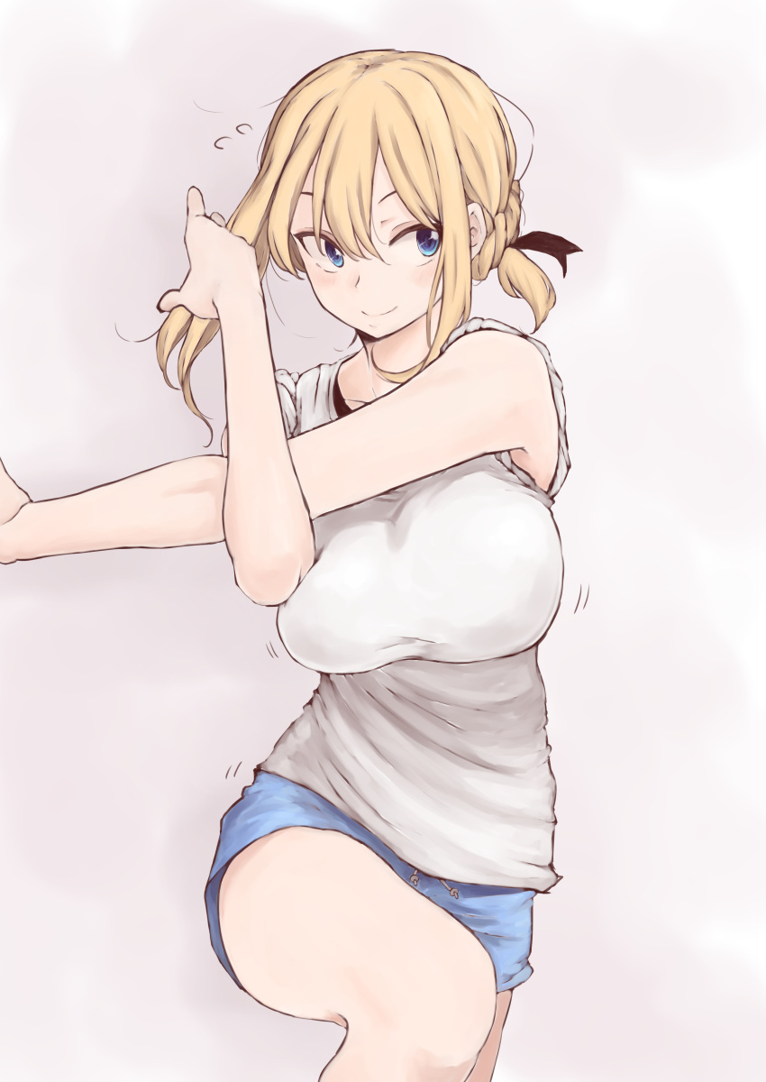 1girl absurdres blonde_hair blue_eyes blush braid breasts exercise hair_ribbon highres kinpatsu-chan_(rucchiifu) large_breasts original ribbon rucchiifu short_hair short_shorts shorts simple_background solo white_background