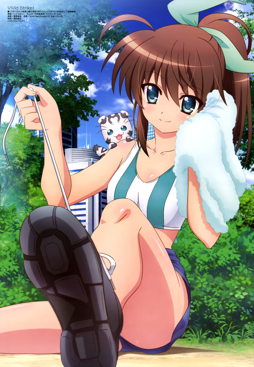 1girl :3 absurdres bare_shoulders blue_eyes blush body_blush brown_hair building bush cat city clouds collarbone fuuka_reventon hair_ribbon highres itou_mariko long_hair lyrical_nanoha megami official_art ponytail ribbon scan shiny shiny_hair shoes shorts sidelocks sitting sky smile solo sports_bra sweat towel tree tying_shoes vivid_strike!