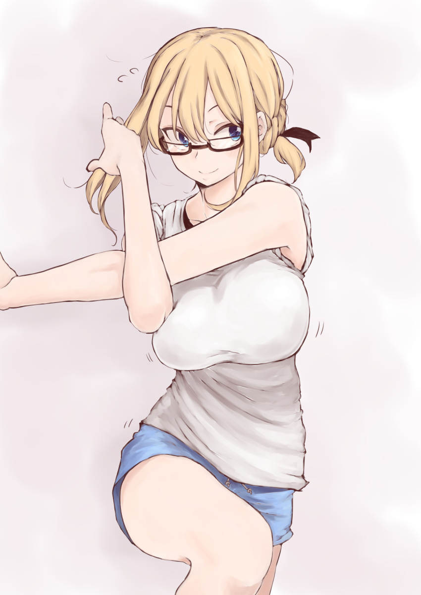 1girl absurdres blonde_hair blue_eyes blush braid breasts exercise glasses hair_ribbon highres kinpatsu-chan_(rucchiifu) large_breasts original ribbon rucchiifu short_hair short_shorts shorts simple_background solo white_background