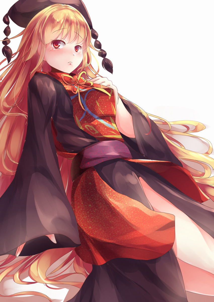 1girl arms_at_sides black_dress blonde_hair breasts chinese_clothes cowboy_shot dress eyebrows eyebrows_visible_through_hair hand_on_own_chest highres junko_(touhou) kanzakietc lips long_hair looking_at_viewer medium_breasts obi red_eyes sash sleeves_past_wrists tabard touhou wavy_hair wide_sleeves