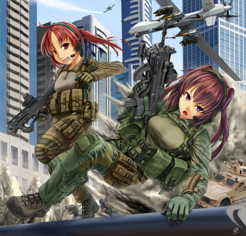 2girls a-10_thunderbolt_ii absurdres action assault_rifle battle bomb building bullpup city clenched_teeth commentary condensation_trail dated eotech explosion explosive fn_f2000 gloves grenade grenade_pin ground_vehicle gun hair_ribbon headset helmet highres holster humvee jpc knee_pads load_bearing_vest long_hair magpul_pdr military military_vehicle missile motor_vehicle mouth_hold mq-9_reaper multiple_girls open_mouth original ponytail purple_hair red_eyes redhead ribbon rifle road running scrunchie signature silhouette sky soldier street submachine_gun teeth thigh_holster twintails uav violet_eyes war weapon