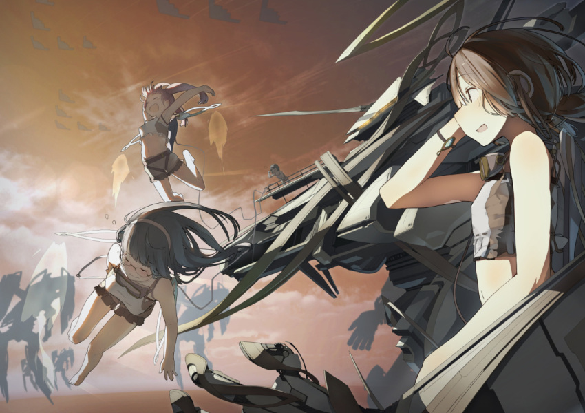 3girls :d aircraft arm_up arms_up b-2_spirit bangs bare_arms bare_legs barefoot black_hair blush breasts brown_eyes brown_hair closed_eyes crop_top eyebrows flying fuu_fuu glasses goggles goggles_around_neck hairband jetpack long_hair machinery medium_breasts multiple_girls navel open_mouth orange_sky original outdoors outstretched_arms profile shorts silhouette sky small_breasts smile stomach twintails