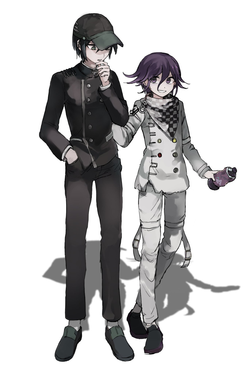 2boys baseball_cap black_hair bottle checkered_scarf dangan_ronpa enpitsu_(enpi_tts) fanta flipped_hair hand_in_pocket hat height_difference highres looking_down male_focus multiple_boys new_dangan_ronpa_v3 ouma_komachi purple_hair saihara_shuuichi scarf school_uniform short_hair simple_background smile soda_bottle violet_eyes white_background