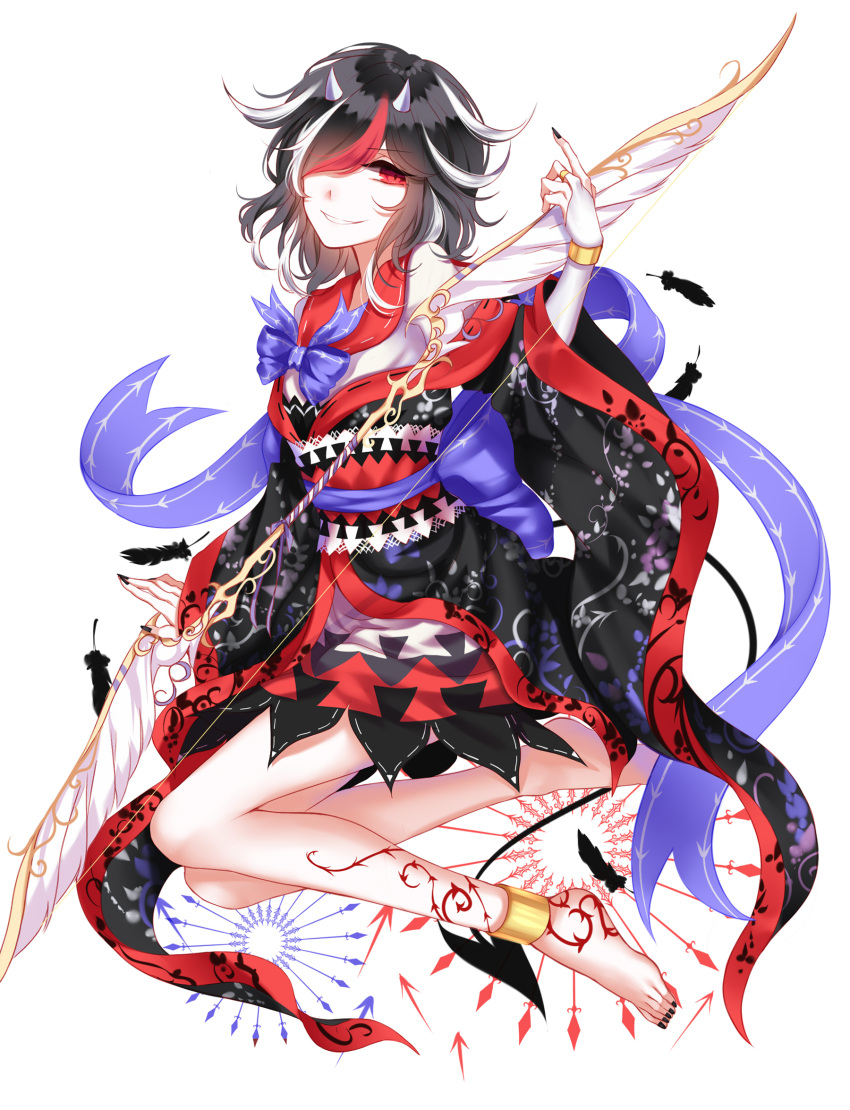 1girl adapted_costume anklet bare_shoulders barefoot black_hair black_nails blue_bow blue_bowtie bow bow_(weapon) bowtie bracelet bridal_gauntlets closed_mouth directional_arrow dress full_body gloves hair_over_one_eye highres holding holding_weapon horns japanese_clothes jewelry kijin_seija kimono looking_at_viewer multicolored_dress multicolored_hair nail_polish obi pale_skin parted_lips red_eyes redhead sash sheya short_hair smile solo streaked_hair toenail_polish touhou weapon white_background white_gloves white_hair wide_sleeves