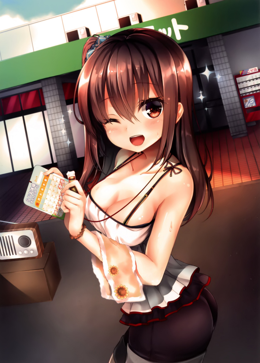 1girl absurdres black_shorts bracelet breasts brown_eyes brown_hair cleavage collarbone eyebrows eyebrows_visible_through_hair hair_between_eyes hair_ornament highres jewelry kagura_yuu long_hair looking_at_viewer medium_breasts olding one_eye_closed one_side_up open_mouth original outdoors shorts solo