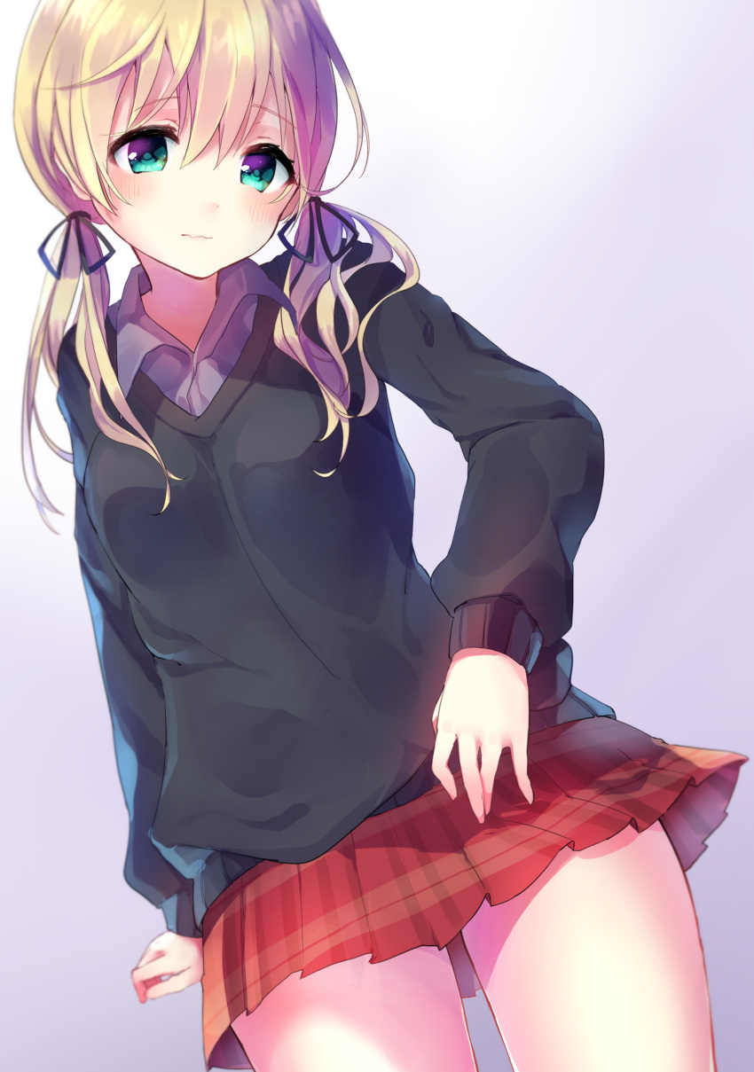1girl absurdres alternate_costume aqua_eyes blonde_hair blush highres hoshi_no_yurara_(xxberry_0x0) kantai_collection long_hair long_sleeves looking_at_viewer low_twintails miniskirt no_hat no_headwear plaid plaid_skirt prinz_eugen_(kantai_collection) school_uniform skirt solo twintails