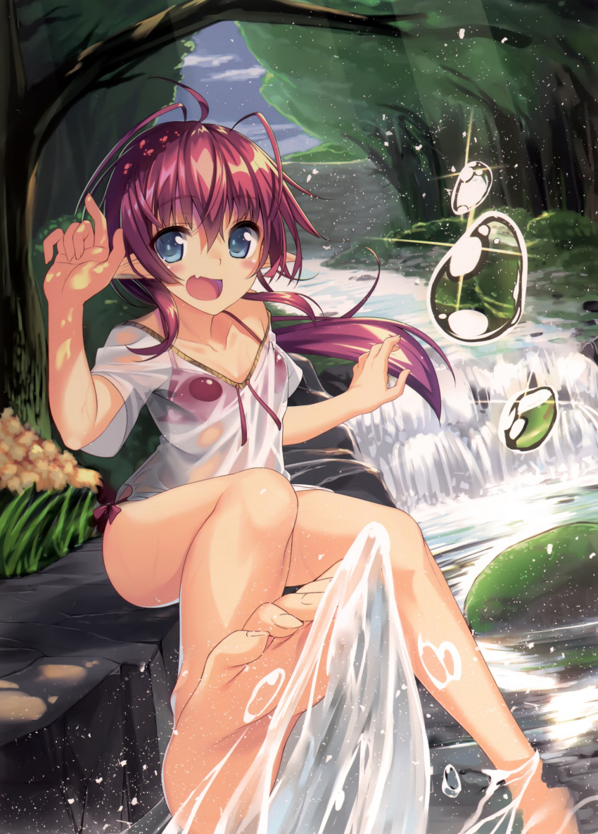 1girl absurdres barefoot bikini blue_eyes breasts brown_hair cleavage collarbone eyebrows eyebrows_visible_through_hair forest hair_between_eyes highres long_hair looking_at_viewer nature open_mouth original outdoors pointy_ears ponytail red_bikini see-through shirt small_breasts solo swimsuit water wet wet_clothes wet_shirt white_shirt yukisan