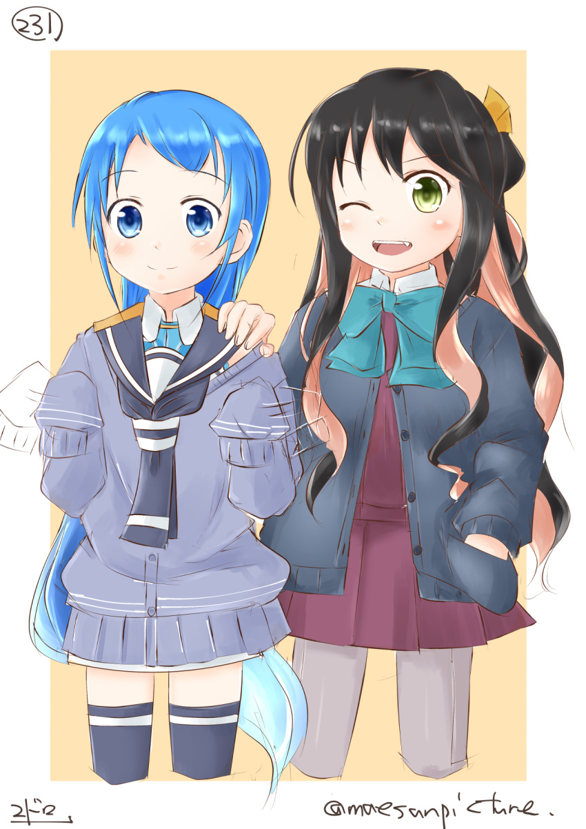 2girls ;d afterimage aqua_bowtie bangs black_hair blue_hair blush buttons cardigan closed_mouth collar cropped_legs dress eyebrows eyebrows_visible_through_hair fang gradient_hair green_eyes grey_legwear hair_between_eyes hair_ribbon hand_in_pocket hand_on_another's_shoulder highres kantai_collection long_hair looking_at_viewer mae_(maesanpicture) motion_lines multicolored_hair multiple_girls naganami_(kantai_collection) neckerchief numbered one_eye_closed open_mouth oversized_clothes pantyhose pink_hair pleated_dress pocket ribbon sailor_collar samidare_(kantai_collection) school_uniform shirt sketch skirt sleeveless sleeveless_shirt sleeves_past_wrists smile swept_bangs teeth thigh-highs twitter_username two-tone_background two-tone_hair very_long_hair wavy_hair white_skirt yellow_ribbon zettai_ryouiki