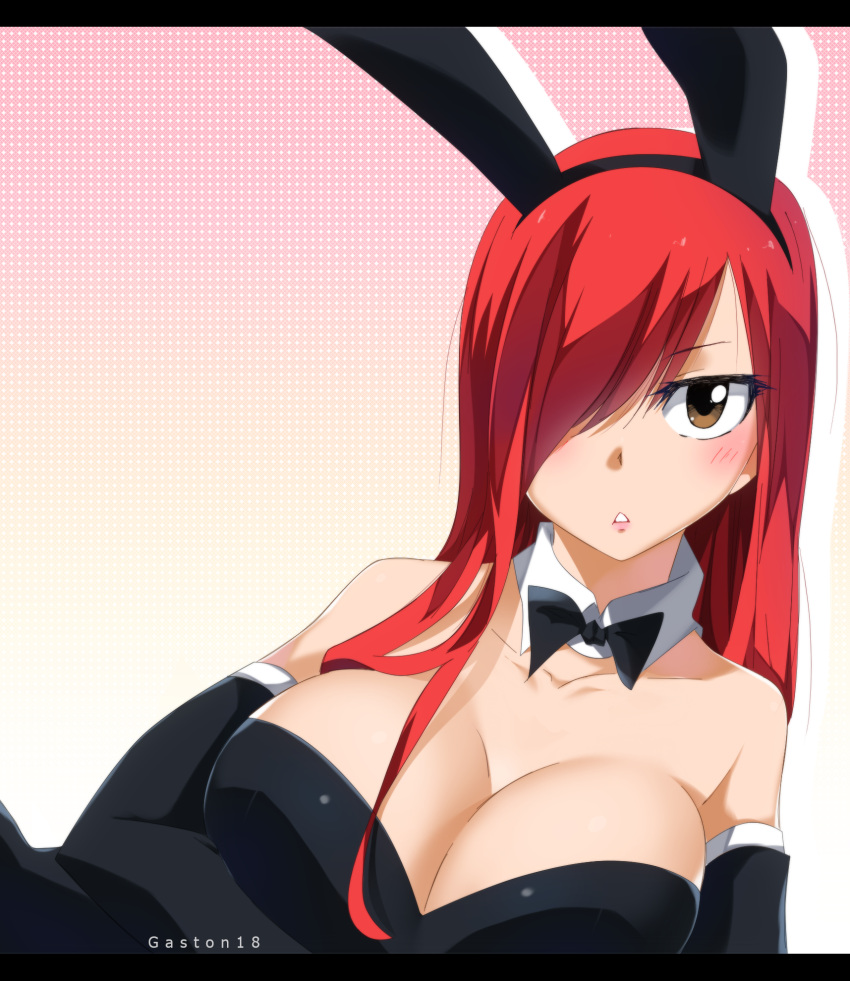 1girl :&lt; animal_ears artist_name bare_shoulders black_gloves blush breasts brown_hair bunnysuit cleavage detached_collar elbow_gloves erza_scarlet fairy_tail fake_animal_ears gaston18 gloves hair_over_one_eye highres large_breasts letterboxed long_hair mashima_hiro parted_lips rabbit_ears redhead solo upper_body