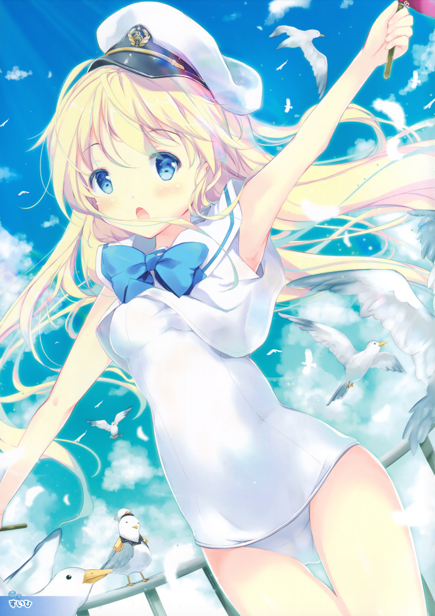 1girl absurdres arm_up bird blonde_hair blue_bow blue_eyes bow hat highres long_hair open_mouth original school_swimsuit shirt solo suihi swimsuit white_hat white_school_swimsuit white_shirt white_swimsuit