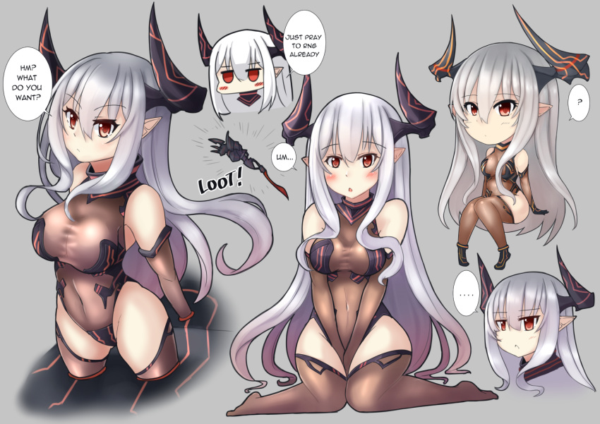 1girl :&lt; :o ? arms_behind_back bangs between_legs black_gloves blush borrowed_character breasts brown_legwear chestnut_mouth chibi closed_mouth colo_mag-chan colossus_(granblue_fantasy) detached_sleeves doraf english eyebrows eyebrows_visible_through_hair gloves granblue_fantasy grey_background hair_between_eyes horns kuronekozero leotard long_hair long_sleeves medium_breasts multiple_views open_mouth original piloting pointy_ears red_eyes sitting solo speech_bubble spoken_question_mark staff taut_leotard thigh-highs tsurime turtleneck upper_body v_arms white_hair
