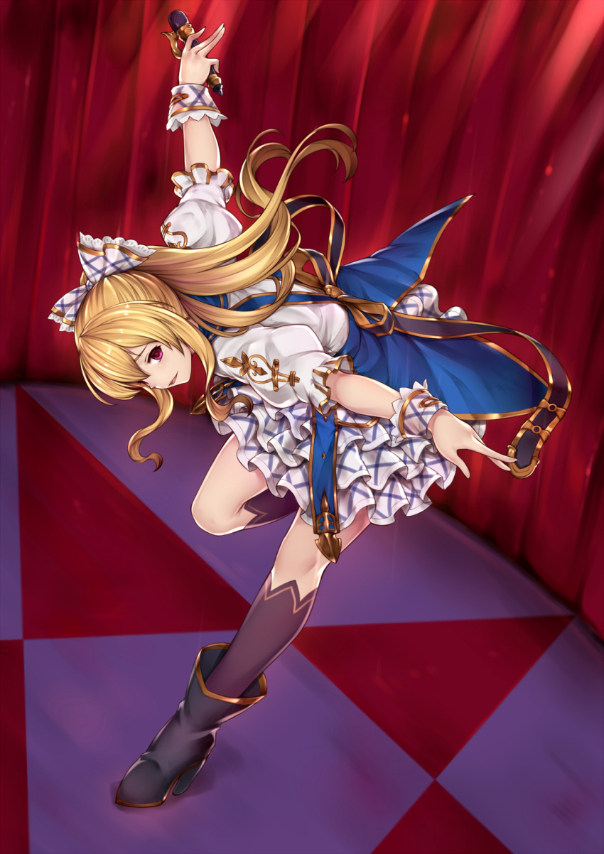 1girl alternate_costume black_boots black_legwear blonde_hair boots bow bowing curtains dress dutch_angle from_side full_body granblue_fantasy hair_bow high_heel_boots high_heels highres holding_microphone idol kneeling leg_up long_hair looking_at_viewer microphone pak_ce parted_lips ponytail profile red_eyes smile solo standing standing_on_one_leg vira white_bow wrist_cuffs