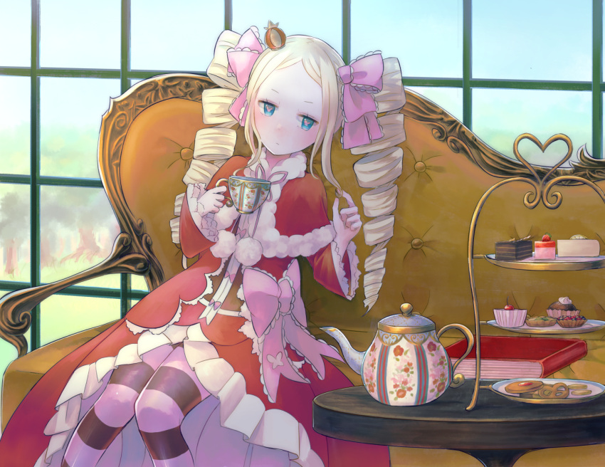 1girl :/ bangs beatrice_(re:zero) blonde_hair blue_eyes blush book bow cake capelet closed_mouth cookie couch crown cup cupcake dress drill_hair floral_print food frilled_dress frills fur_trim hair_ribbon hair_twirling holding holding_cup knees_together_feet_apart leaning_to_the_side long_hair long_sleeves mini_crown pabo pantyhose parted_bangs pink_ribbon plate pom_pom_(clothes) pretzel re:zero_kara_hajimeru_isekai_seikatsu red_dress ribbon sitting slice_of_cake solo striped striped_legwear sweets symbol-shaped_pupils table tart_(food) teacup teapot tiered_tray tree twin_drills window