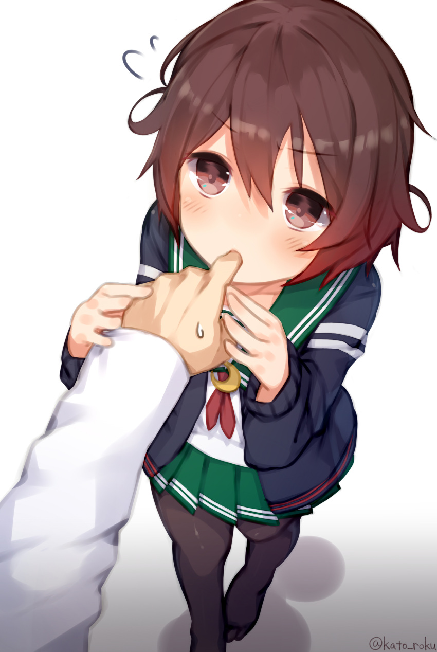 1boy 1girl absurdres biting black_legwear blue_jacket blush brown_eyes brown_hair check_commentary commentary_request crescent crescent_moon_pin eyebrows eyebrows_visible_through_hair finger_biting finger_in_another's_mouth flying_sweatdrops gradient_hair green_skirt highres jacket kantai_collection katoroku looking_at_another multicolored_hair mutsuki_(kantai_collection) no_shoes out_of_frame pantyhose red_ribbon redhead remodel_(kantai_collection) ribbon school_uniform serafuku shadow short_hair simple_background skirt sweatdrop thigh-highs twitter_username white_background