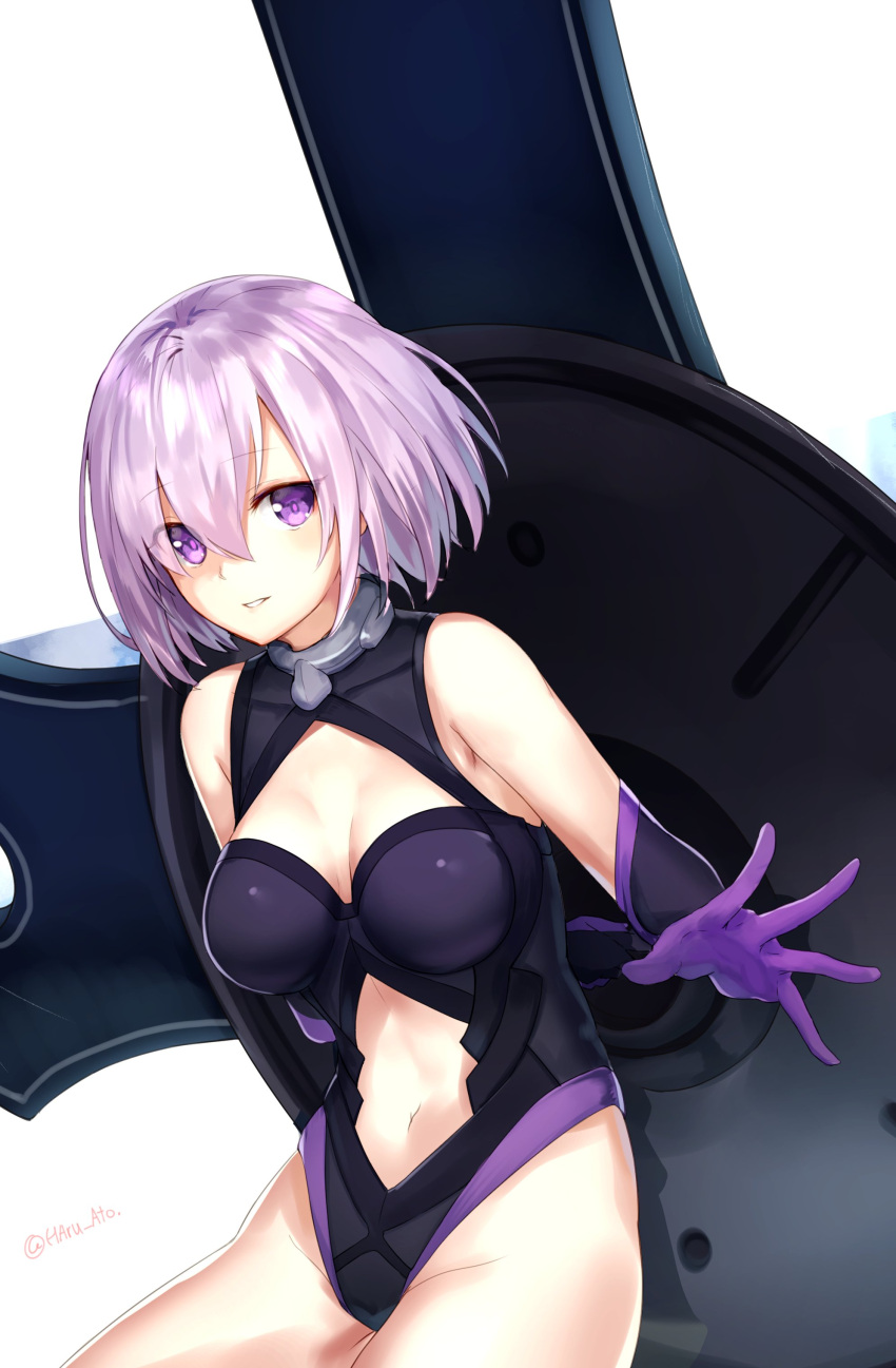 1girl absurdres ato_(haru_ato) breasts cleavage eyebrows eyebrows_visible_through_hair fate/grand_order fate_(series) gloves highres lavender_hair light_smile medium_breasts navel purple_gloves shielder_(fate/grand_order) short_hair simple_background smile solo twitter_username violet_eyes white_background