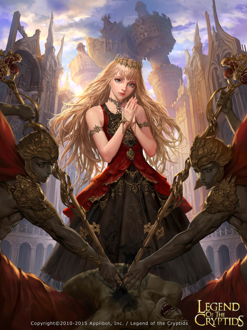 1girl 3boys absurdres arch armband blonde_hair blue_eyes chain choker city clouds collarbone crown dospi golem hands_clasped helmet highres legend_of_the_cryptids lips long_hair looking_at_viewer multiple_boys multiple_girls polearm sky spaulders statue tower weapon