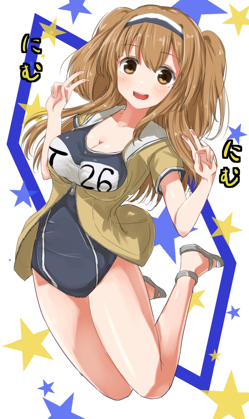 1girl absurdres ame-rain breasts cleavage clothes_writing hairband highres i-26_(kantai_collection) kantai_collection large_breasts light_brown_eyes light_brown_hair long_hair looking_at_viewer name_tag new_school_swimsuit open_mouth school_swimsuit smile solo swimsuit swimsuit_under_clothes two-tone_hairband two_side_up