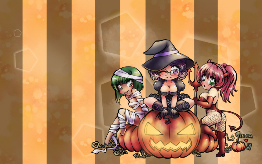3girls artist_name ass bandages boots breasts chibi cleavage curly_hair dark_skin demon_horns demon_tail fishnets glasses gloves green_eyes green_hair halloween hat horns jack-o'-lantern large_breasts leotard multiple_girls mummy one_eye_closed original pink_hair pitchfork pumpkin purple_hair sitting smile striped striped_background tail tetisuka tongue tongue_out wallpaper witch witch_hat
